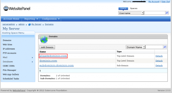 panel de control windows hosting alias